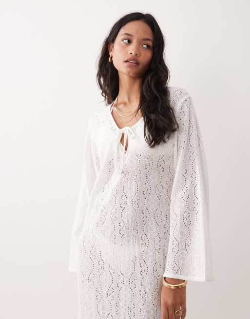 Esmée - Vestito copricostume lungo bianco in maglia allacciato sul davanti, 2 di 4