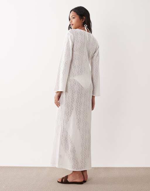 Esmée - Vestito copricostume lungo bianco in maglia allacciato sul davanti, 3 di 4