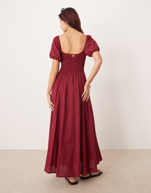 Esmée - Vestito da mare lungo rosso ciliegia allacciato sul davanti con maniche a sbuffo, 4 di 4