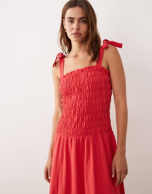 Esmée - Vestito da mare lungo rosso con spalline annodate e arricciato in vita, 2 di 4