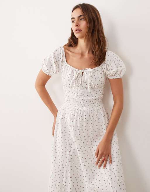 Esmée - Vestito lungo bianco a fiorellini con maniche a sbuffo allacciato sul davanti, 3 di 4
