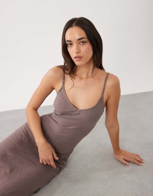 Esmée - Vestito lungo da mare marrone con spalline sottili, 2 di 4