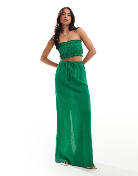 Esmee maxi beach skirt co-ord in green linen