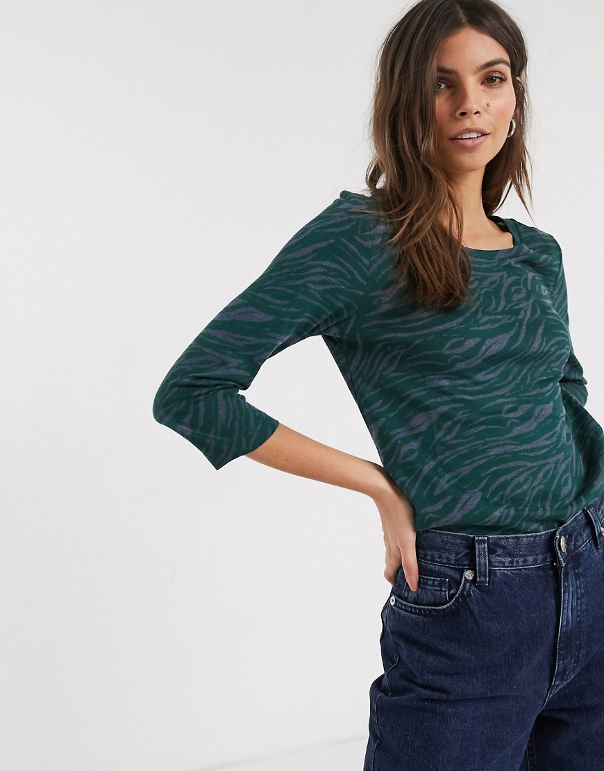 Esprit abstract zebra print top with sleeves in green-Navy