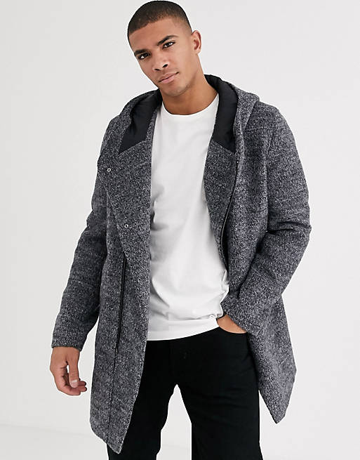 Esprit assymetric wool overcoat with hood in gray | ASOS