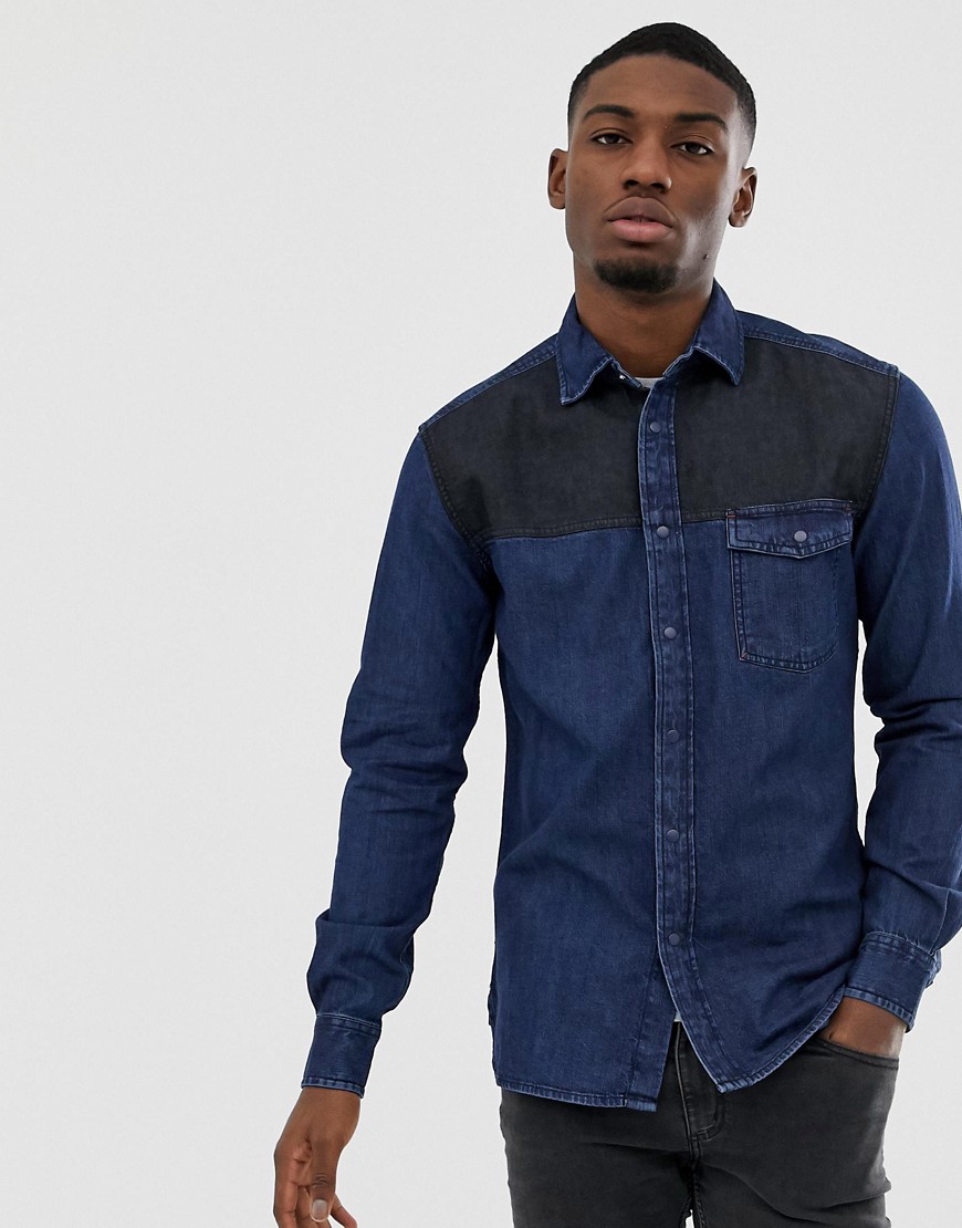 Esprit - Camicia di jeans vestibilità classica lavaggio blu scuro in due tonalità