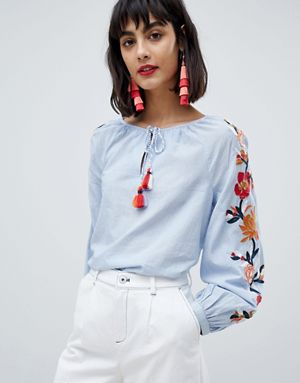 Esprit Embroidered Sleeve Peasant Top