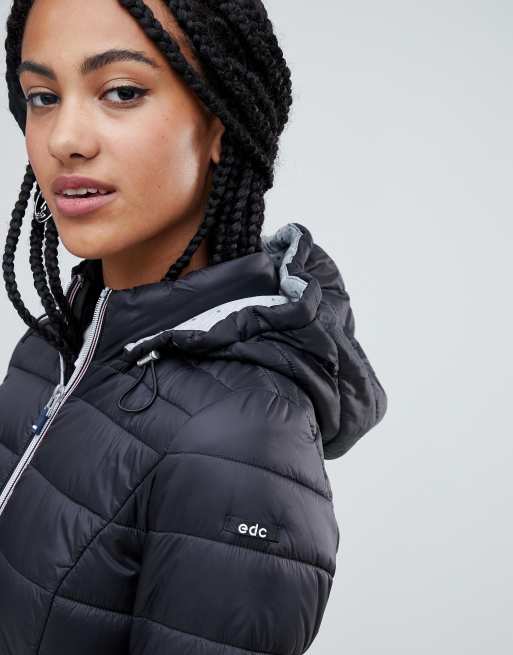 Esprit longline padded jacket with hood in taupe, ASOS