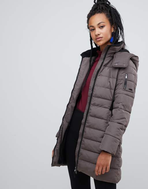 Esprit midi padded coat with faux fur hood in gray