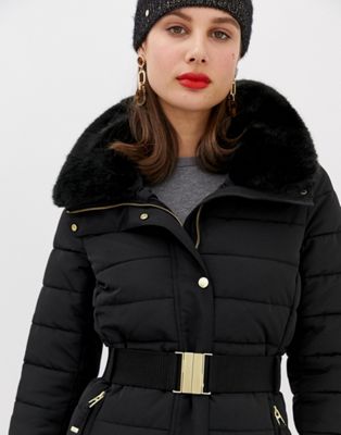 Long belted padded jacket with hood, black, Esprit