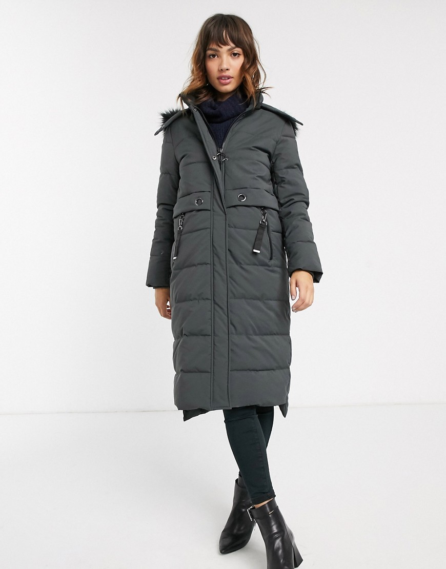 Esprit midi padded coat with faux fur hood in grey