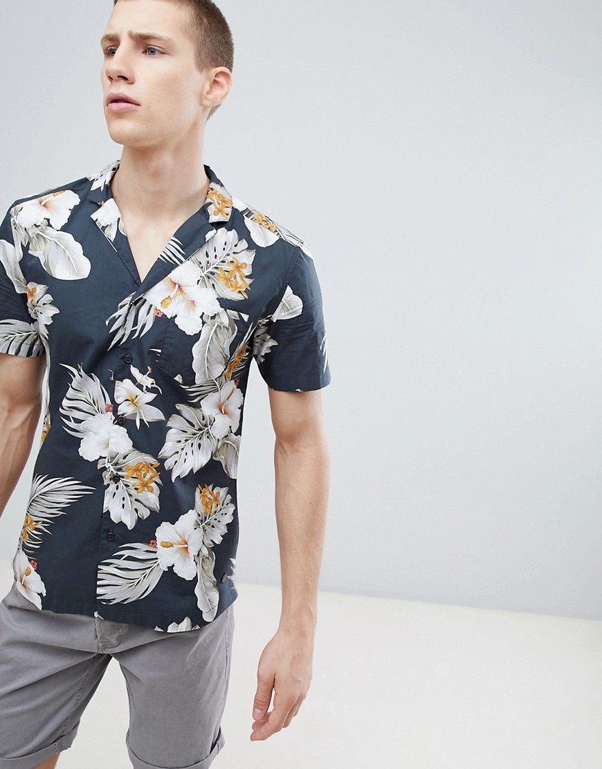 Esprit - Regular-fit overhemd met reverskraag en hibiscusprint-Bruin