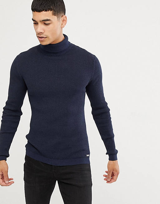 Esprit rib knit muscle fit roll neck jumper in navy | ASOS