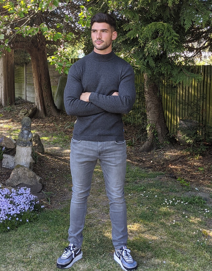 Esprit ribbed muscle fit roll neck jumper in grey