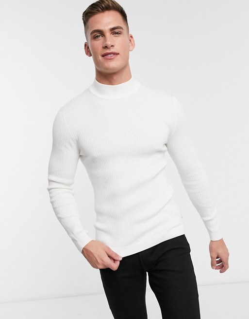 Esprit ribbed muscle fit roll neck jumper in offwhite