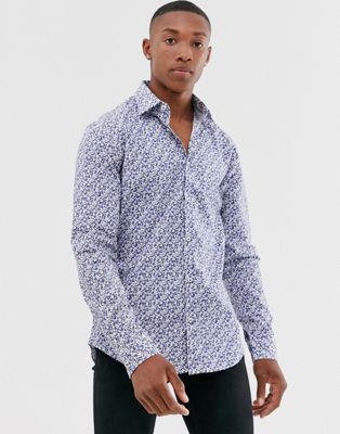 Esprit - Slim-fit stretch overhemd met fijne grijze bloemenprint-Wit