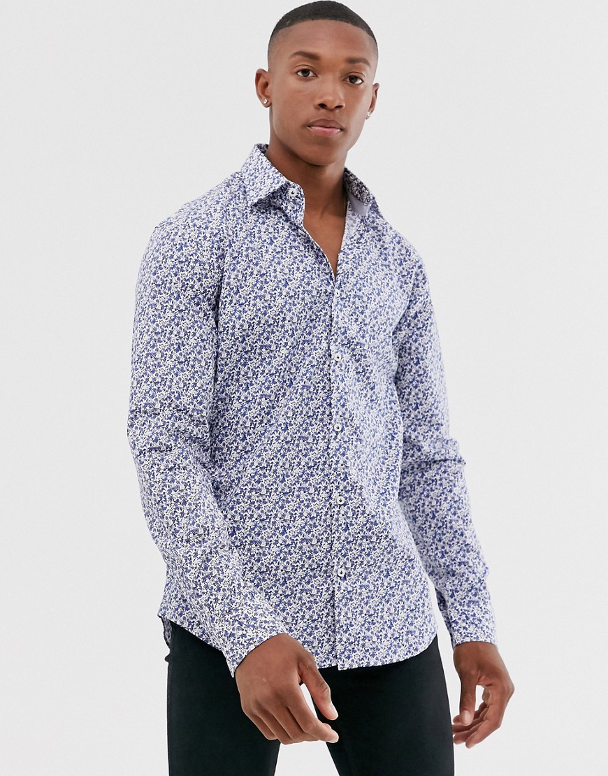 Esprit slim fit stretch shirt with grey disty floral-White