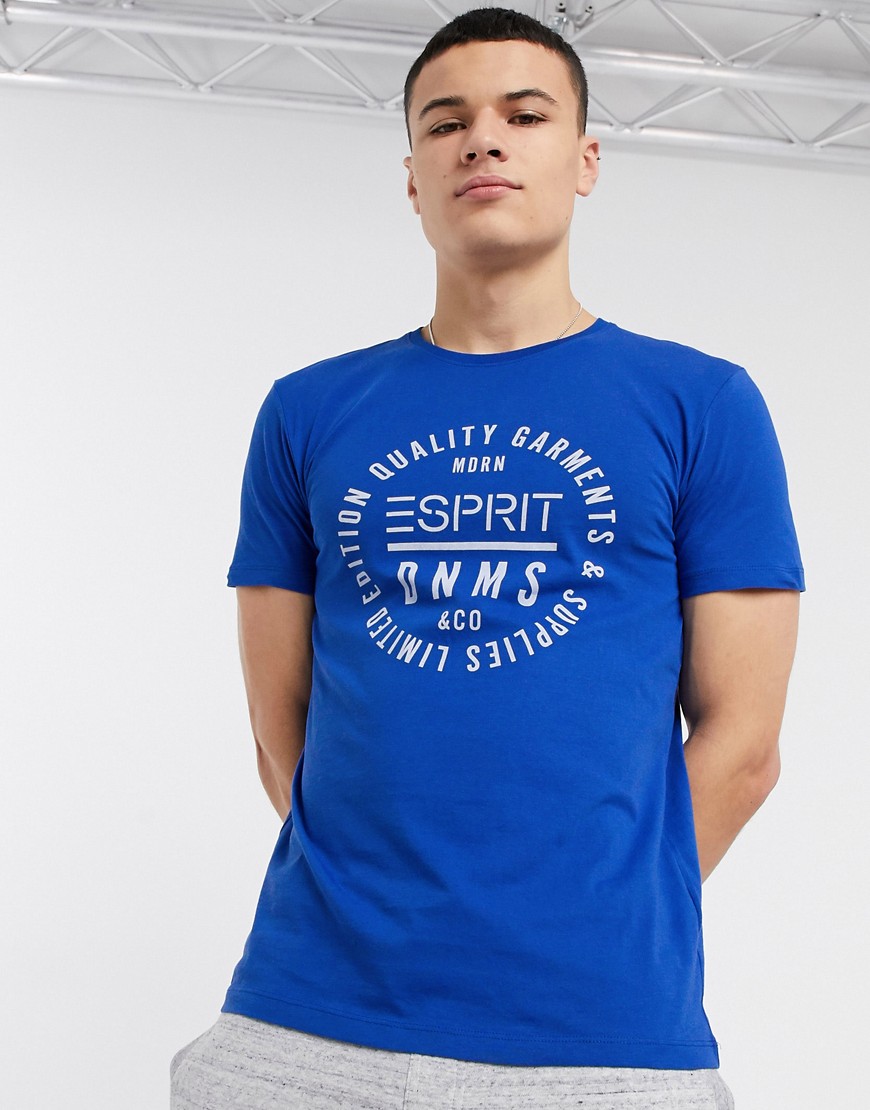 Esprit - T-shirt blu con logo stampato