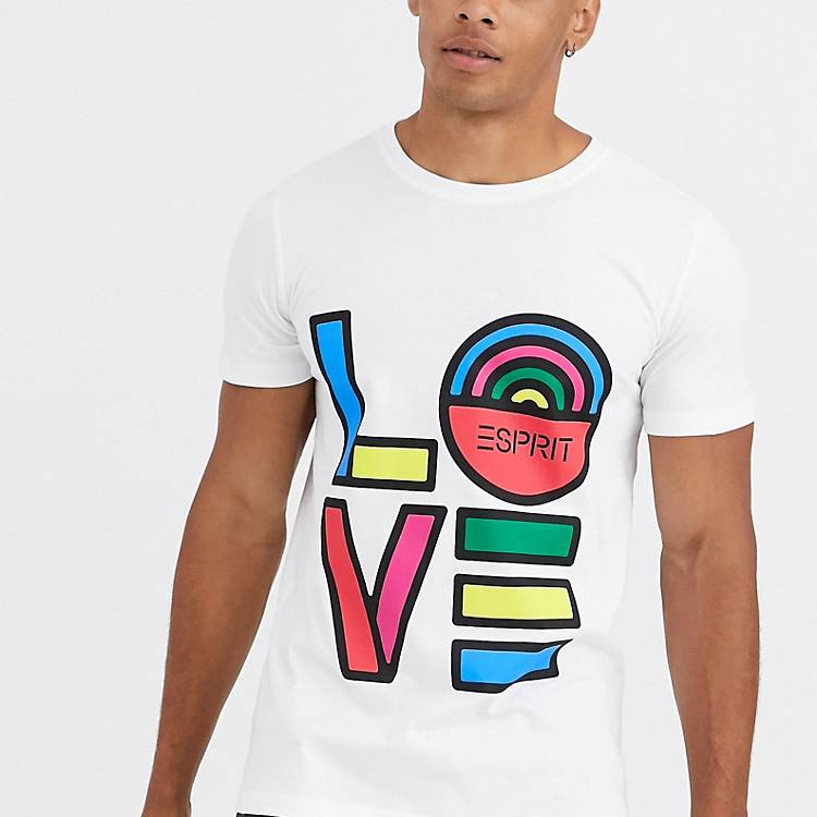 Hold sammen med subtraktion T Esprit t-shirt with rainbow Love print in white | ASOS