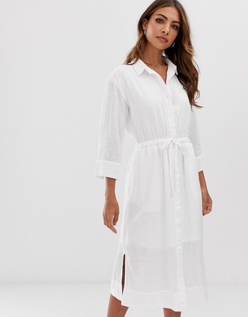 Esprit tie waist midi shirt dress with side slits in white