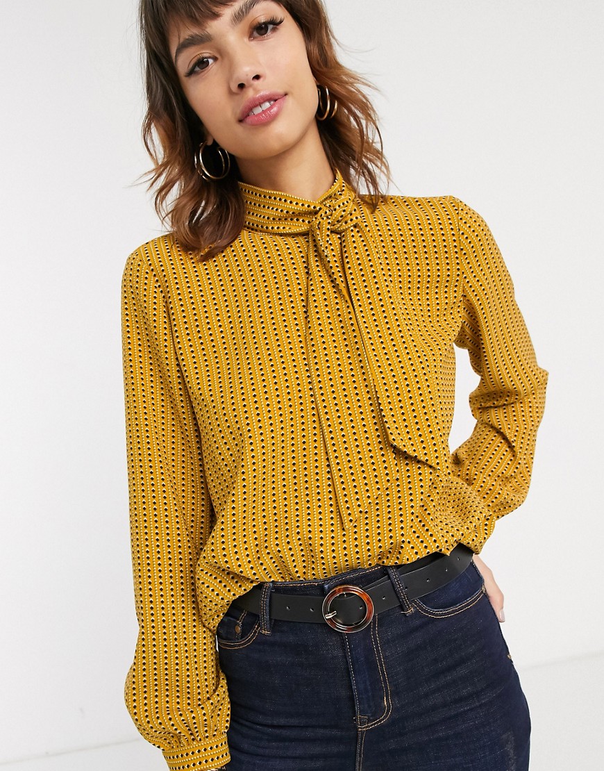 Esprit tile print pussybow blouse in amber-Brown