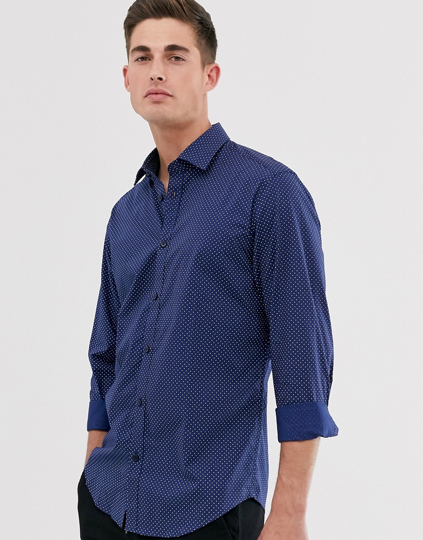 Esprit – Triangelmönstrad skjorta med stretch och smal passform-Marinblå