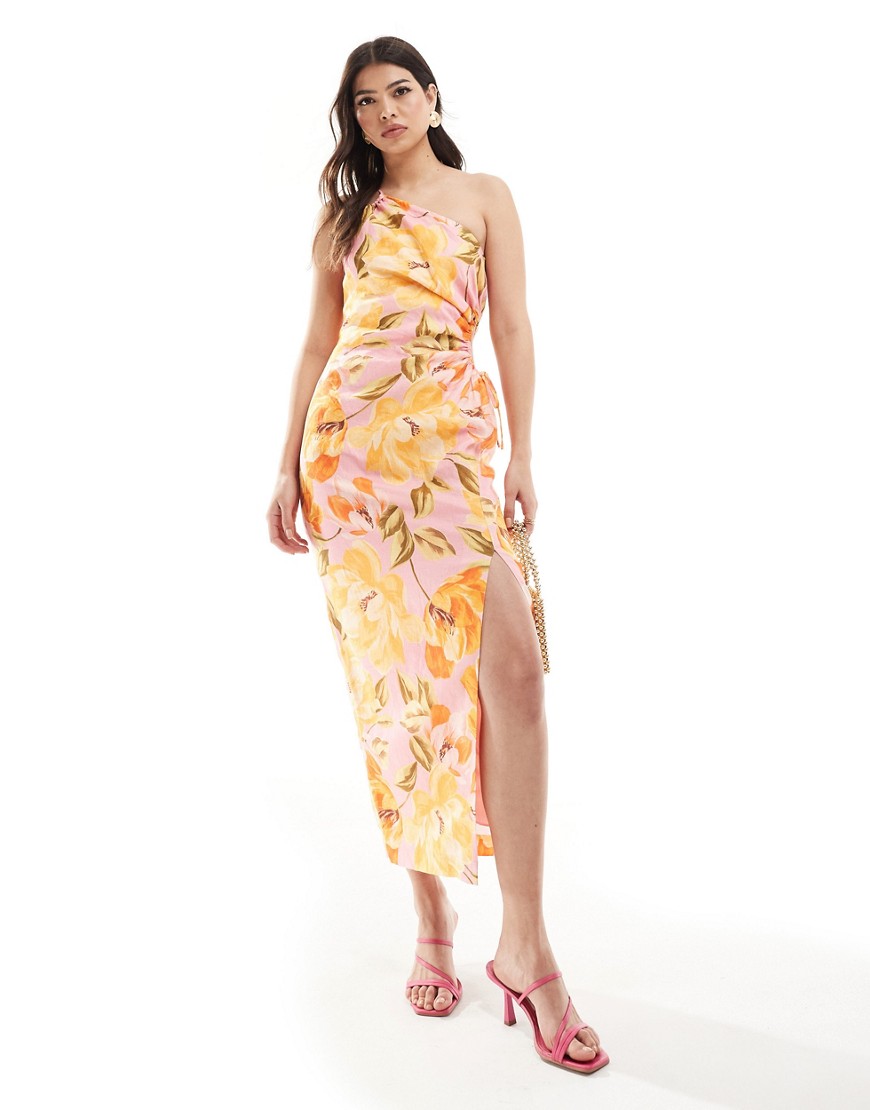 Ever New Asymmetric Cut-out Waist Midi Dress In Yellow Floral-multi In Pink
