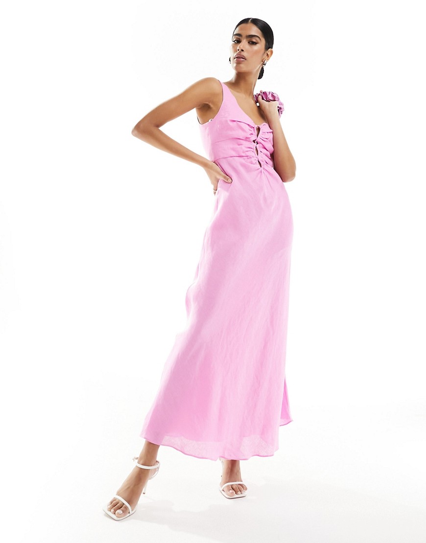 asymmetrical linen cut out maxi dress in pink