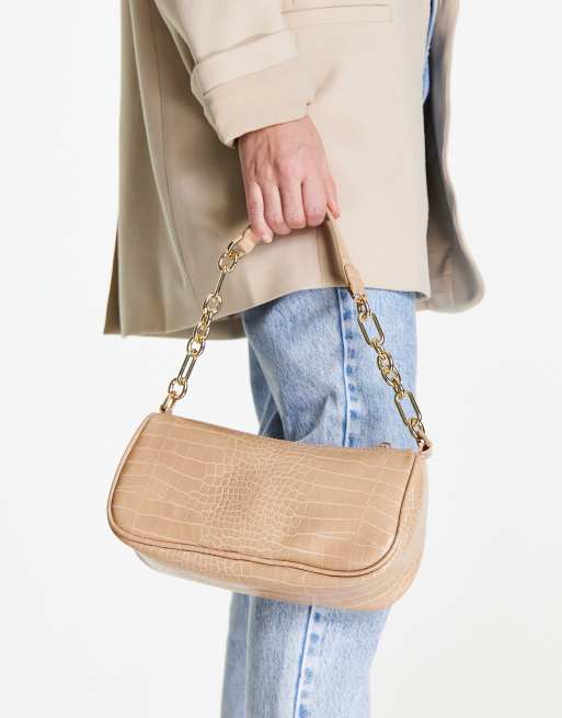 Beige croc-effect baguette bag