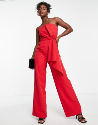 bandeau bow drape jumpsuit in red