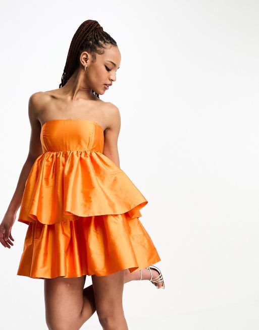 Women's Shirred Ruffle Bandeau Summer Dress Orange –