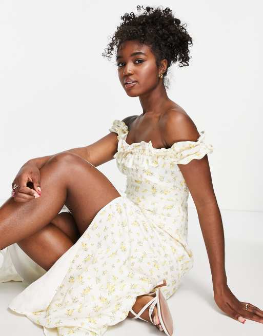 Ever New bardot frill midi dress in lemon ditsy floral ASOS