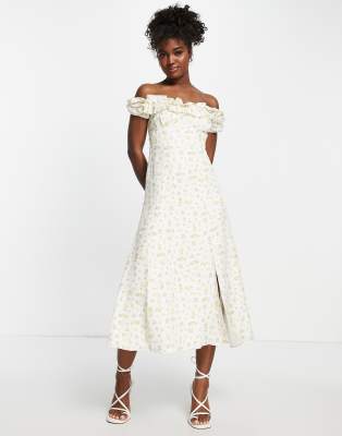 Ever New Bardot Frill Midi Dress In Lemon Ditsy Floral-yellow