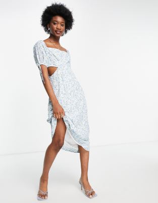 Ever New bardot puff sleeve cut out midi dress in blue ditsy floral-Multi