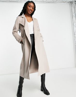 Ever New belted wool trench coat with tortoise shell buttons in mink | ASOS