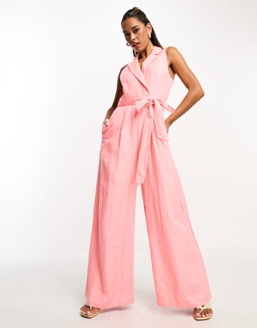 Elegant Plain Collar Wide Leg Long Sleeve Baby Pink Womens Jumpsuits (Women's  Jumpsuit) 