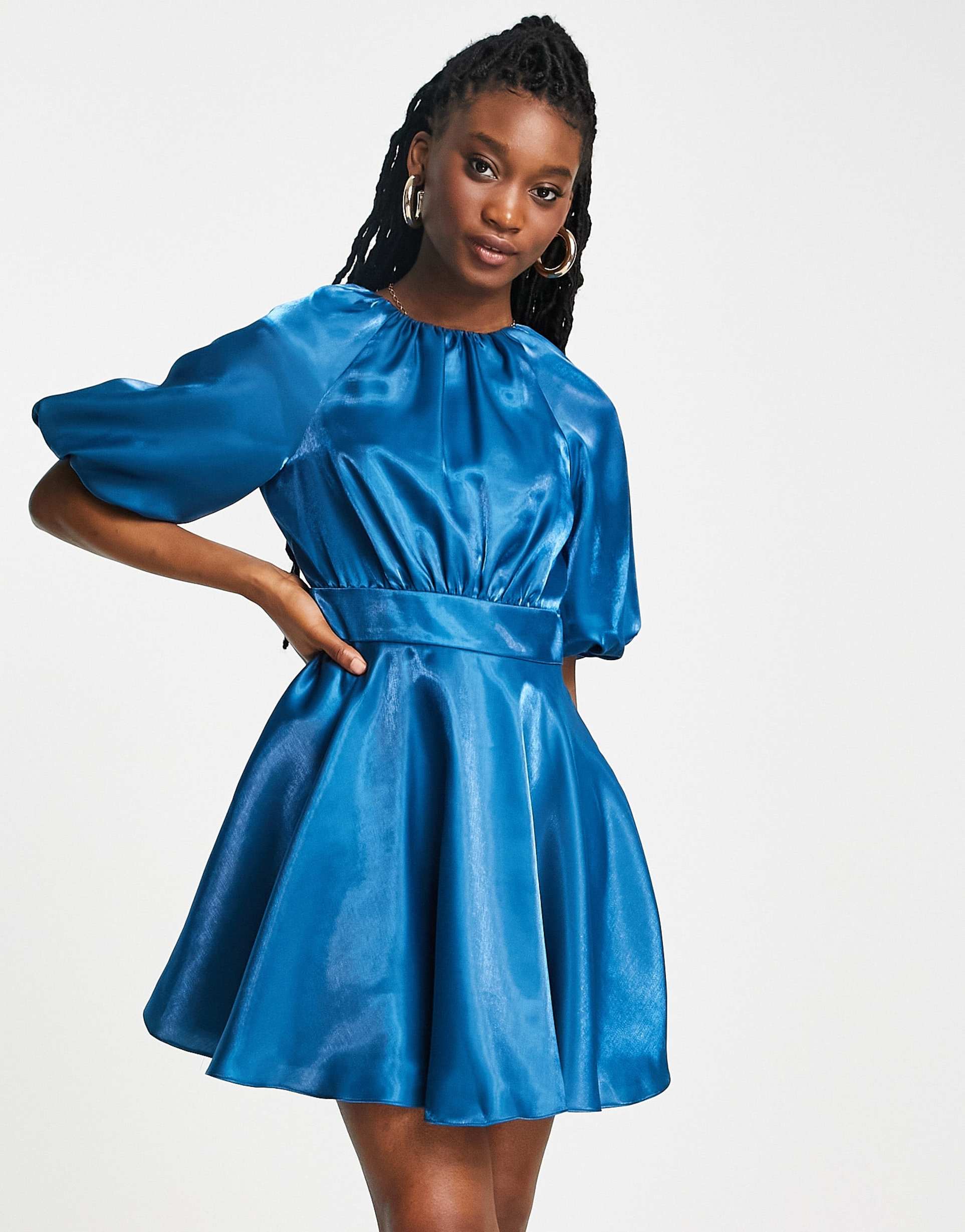 ever new bow back satin mini dress in blue