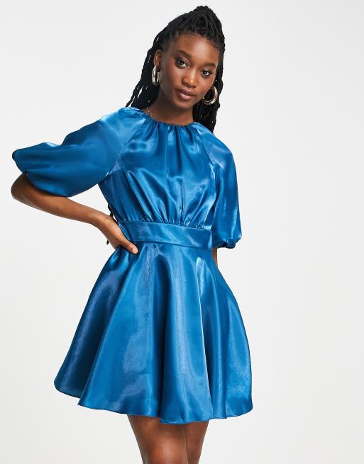 Ever New bow back satin mini dress in blue