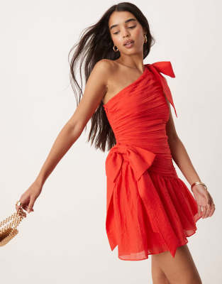 bow detail asymmetric mini dress in red