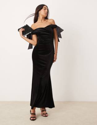 bow draped velvet maxi gown in black