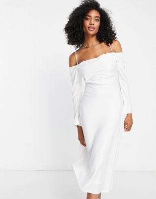 Ever New Bridal cold shoulder cowl midi dress with thigh slit in ivory