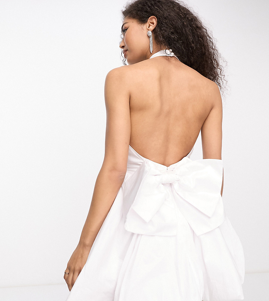 Bridal exclusive high neck bow back mini dress in ivory-White