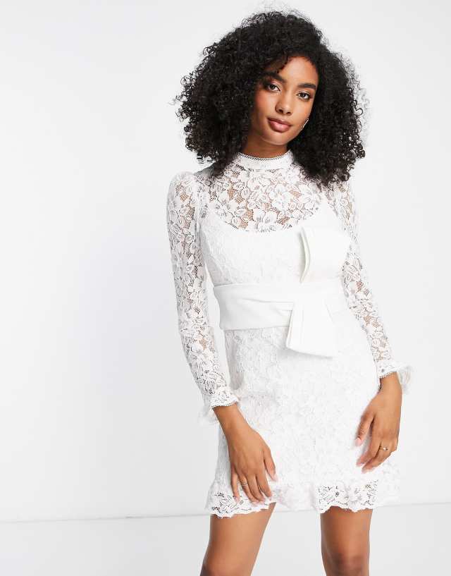 Ever New Bridal lace mini dress with satin bow waist in ivory