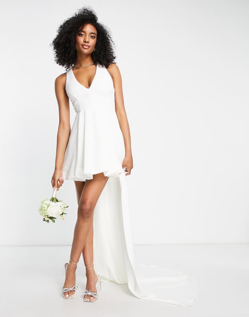 Ever New Bridal plunge high low mini dress in ivory ASOS