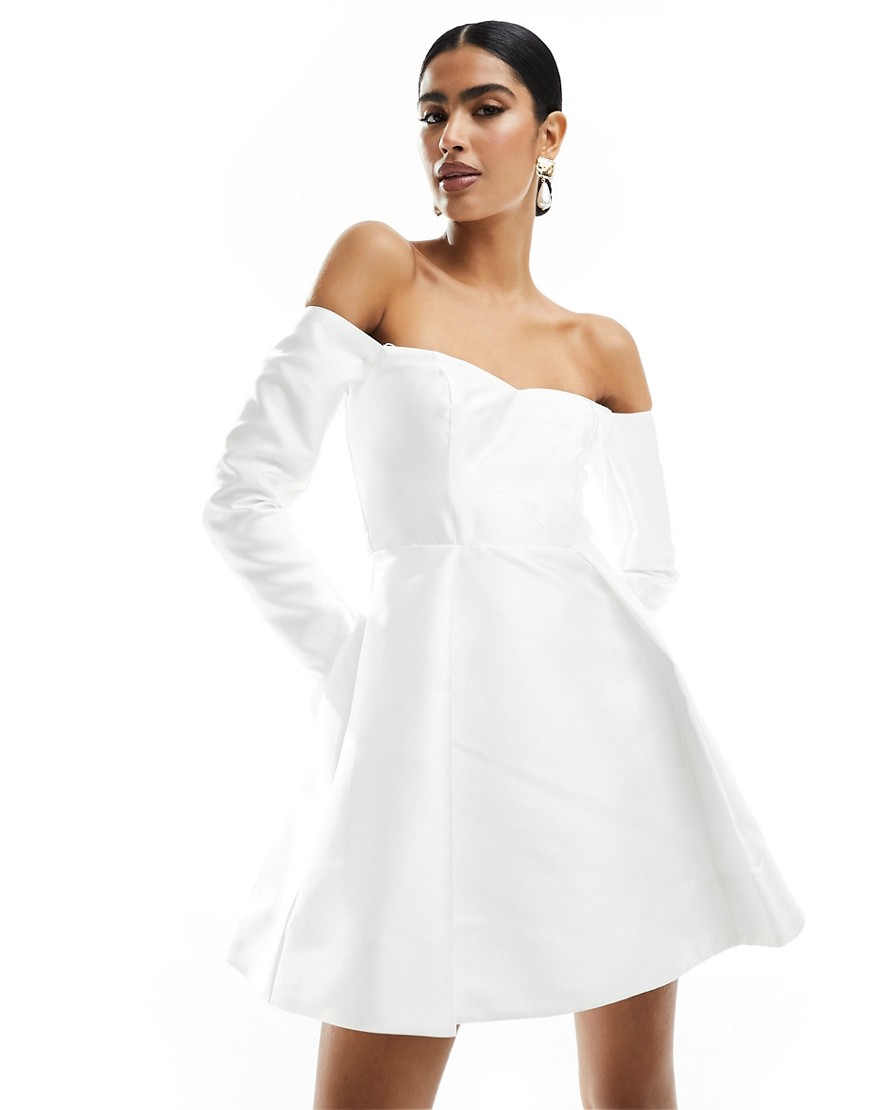Bridal satin long sleeve mini dress in ivory-White