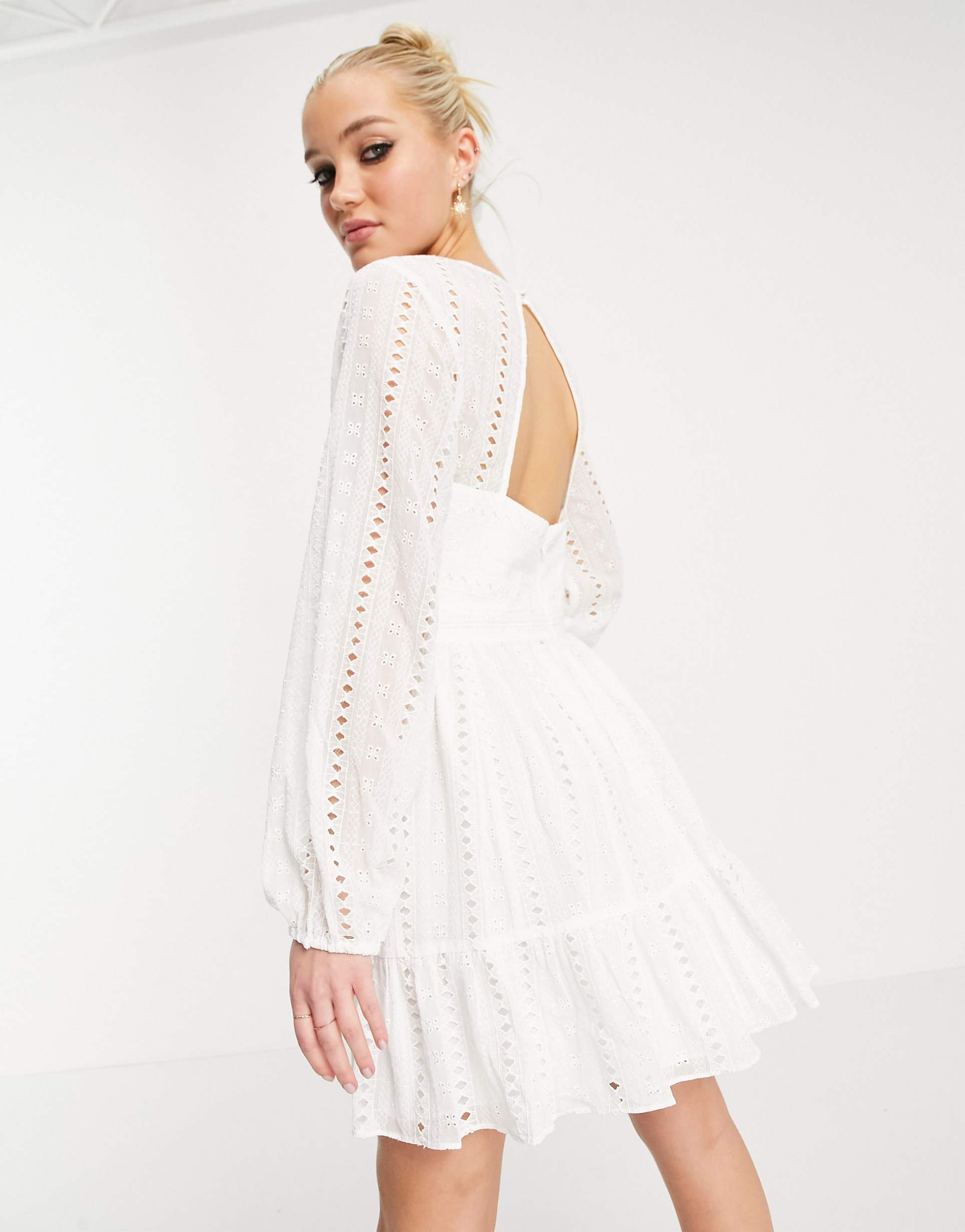 ever new broderie lace long sleeve mini dress with cutwork detail in ivory