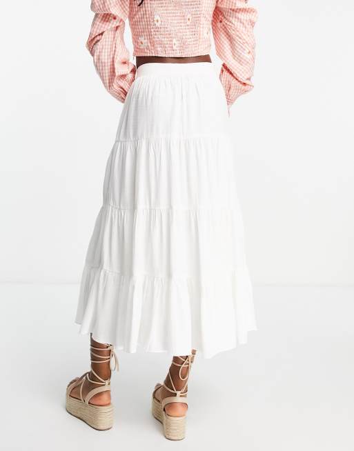 Ever New button down tiered cotton poplin midi skirt in white