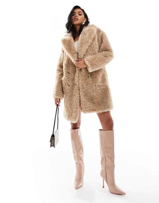 Ever New button up faux fur coat in light brown, 3 of 4