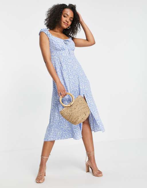 Ever New button up square neck 90s midi dress with split in blue ditsy ...