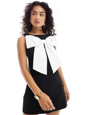 color block bow detail mini dress in black